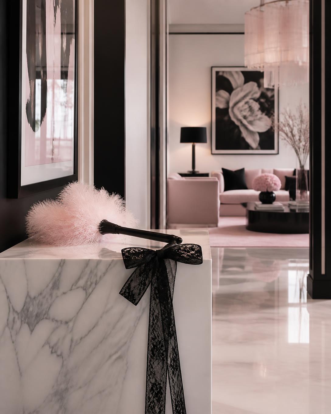 Immaculate pink and black living room with a feather duster on a marble console