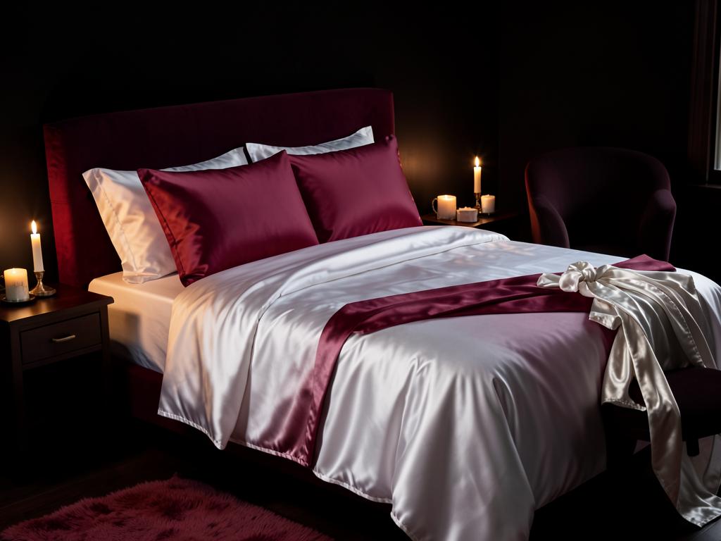 Candlelit bedroom with crisp satin bedding and a silk robe draped over a chair