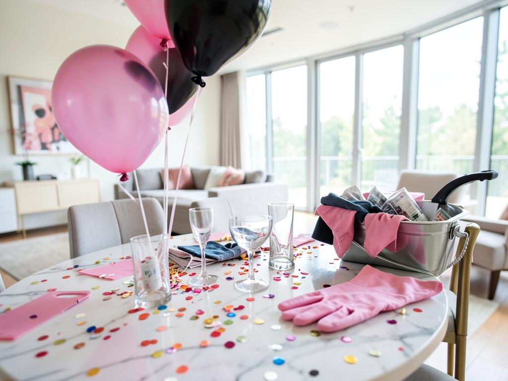 Marble table with confetti, glasses and a cleaning caddy with pink gloves after a party