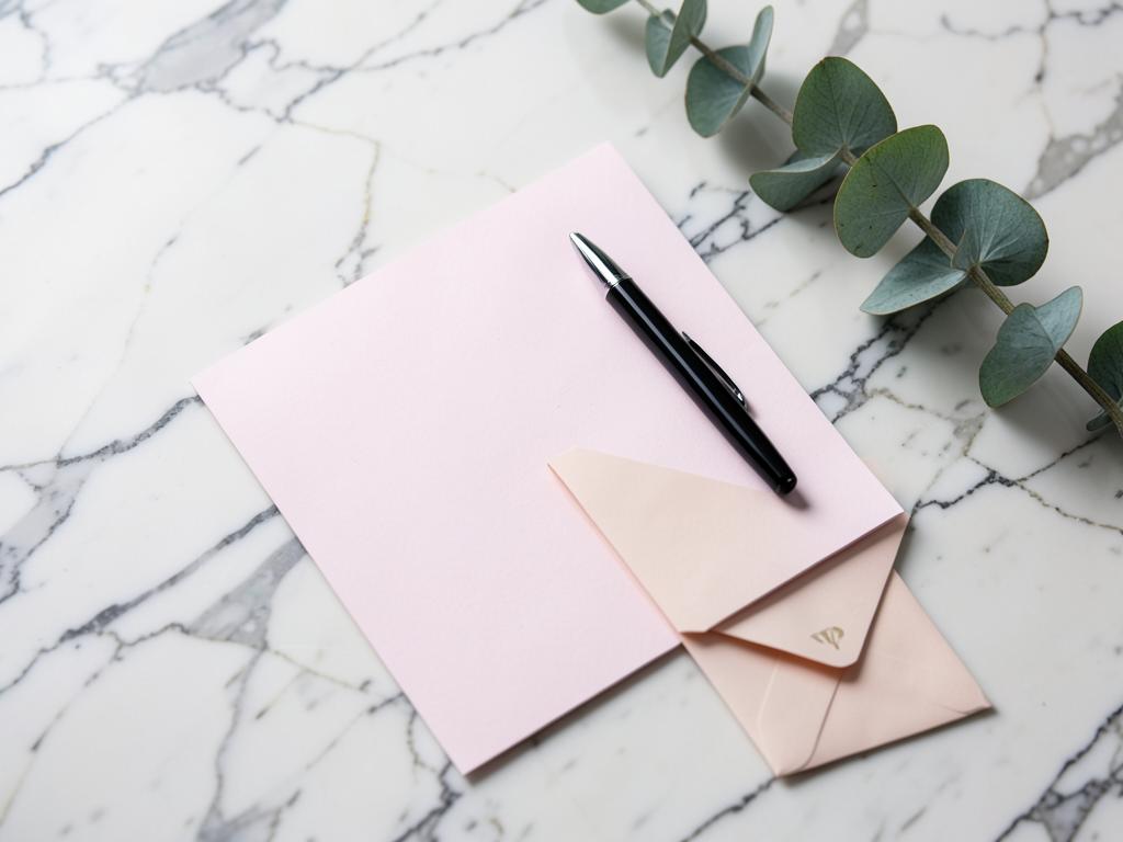 Blank pink notecard with a black pen and envelope on a marble surface